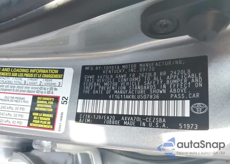 2020 Toyota Camry Se from USA, damaged, VIN 4T1G11AK8LU507836